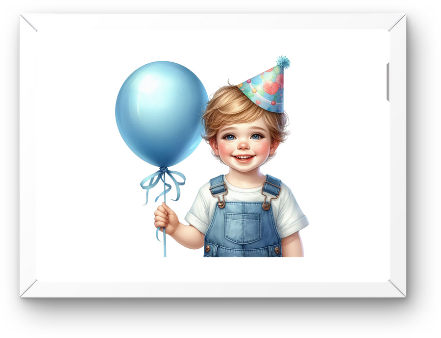 Boy With Blue Balloon Wall Art | Watercolor Birthday Party Print | Kids Nursery Gift