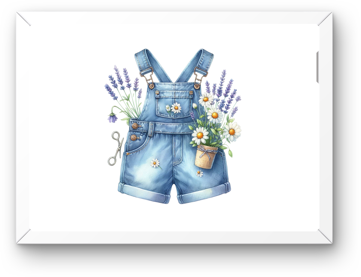Floral Denim Overalls Wall Art | Watercolor Lavender Daisy Print | Spring Nursery Gift