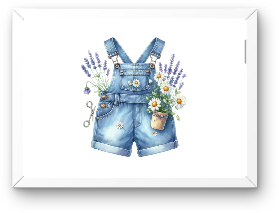 Floral Denim Overalls Wall Art | Watercolor Lavender Daisy Print | Spring Nursery Gift