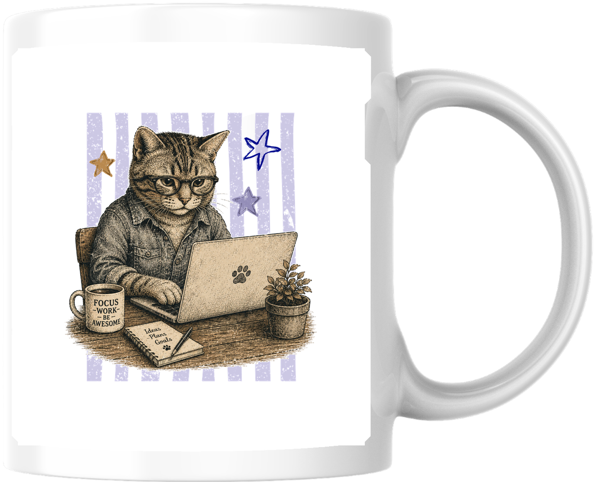 Coding Cat Mug | Stay Focused Laptop Tabby Coffee Mug | Programmer Office Gift