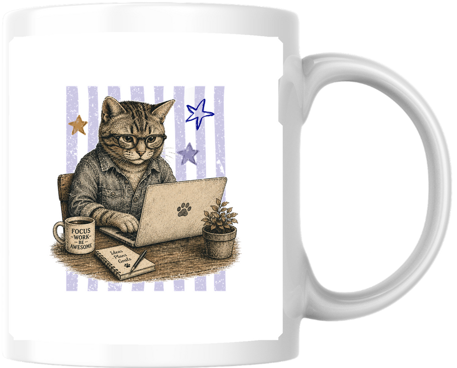 Coding Cat Mug | Stay Focused Laptop Tabby Coffee Mug | Programmer Office Gift