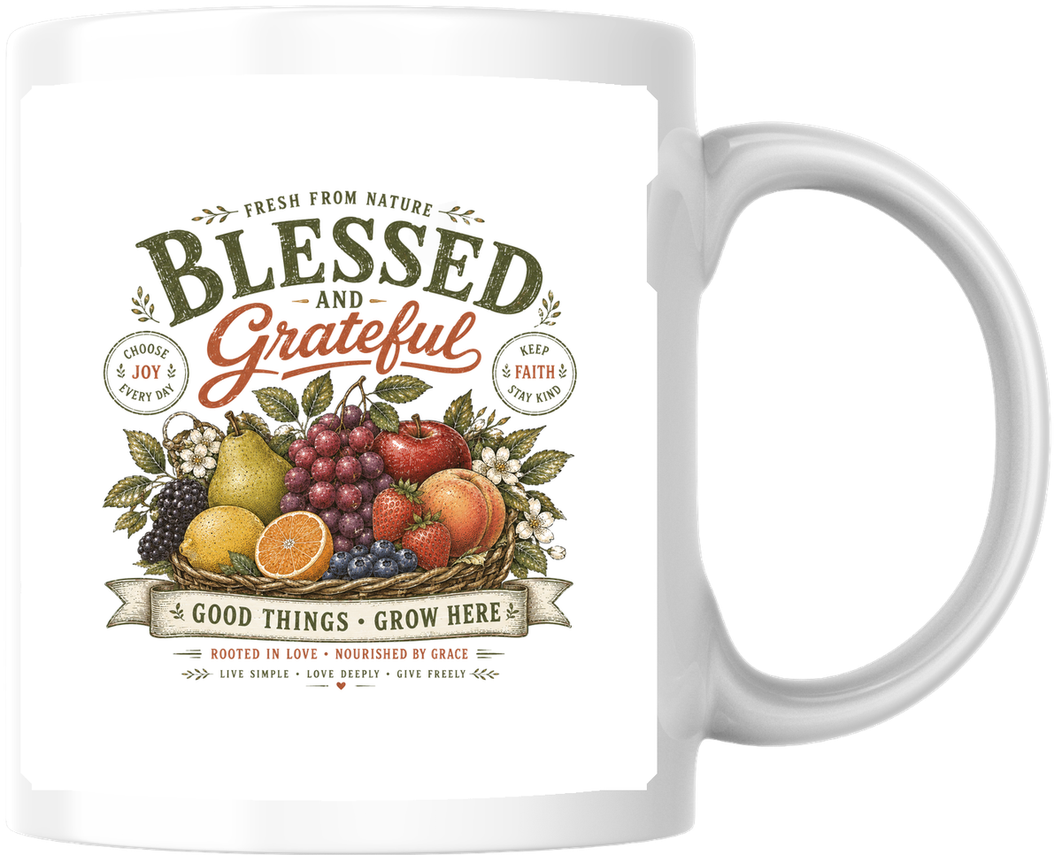 Blessed And Grateful Mug | Vintage Fruit Faith Coffee Mug | Christian Inspirational Gift