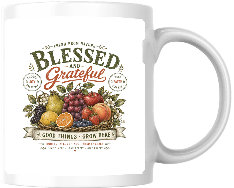 Blessed And Grateful Mug | Vintage Fruit Faith Coffee Mug | Christian Inspirational Gift
