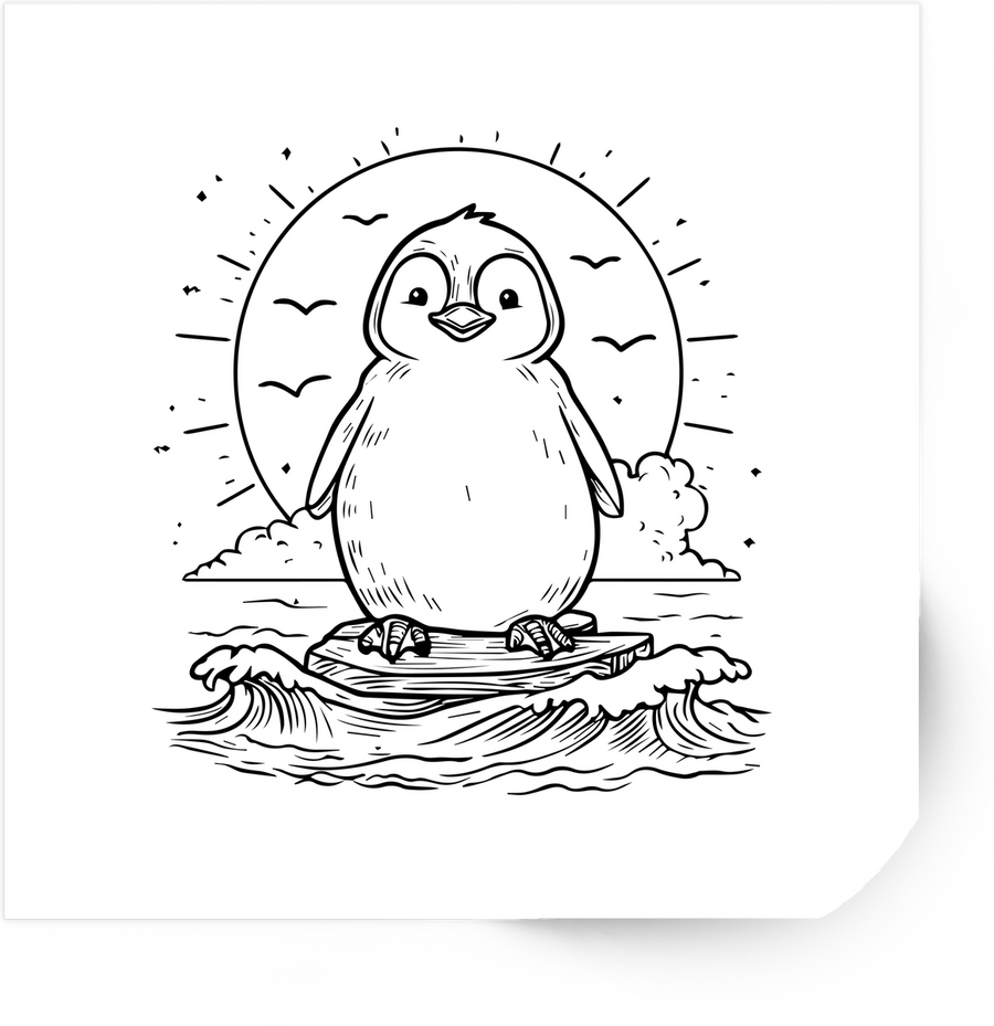 Surfing Penguin Sticker | Line Art Wave Sunrise Vinyl Decal | Cute Beach Animal Gift