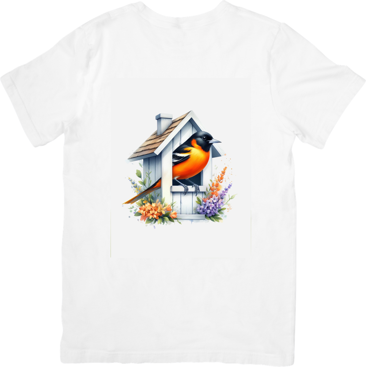 Oriole Birdhouse T-Shirt | Watercolor Garden Bird Graphic Tee | Birdwatcher Nature Gift