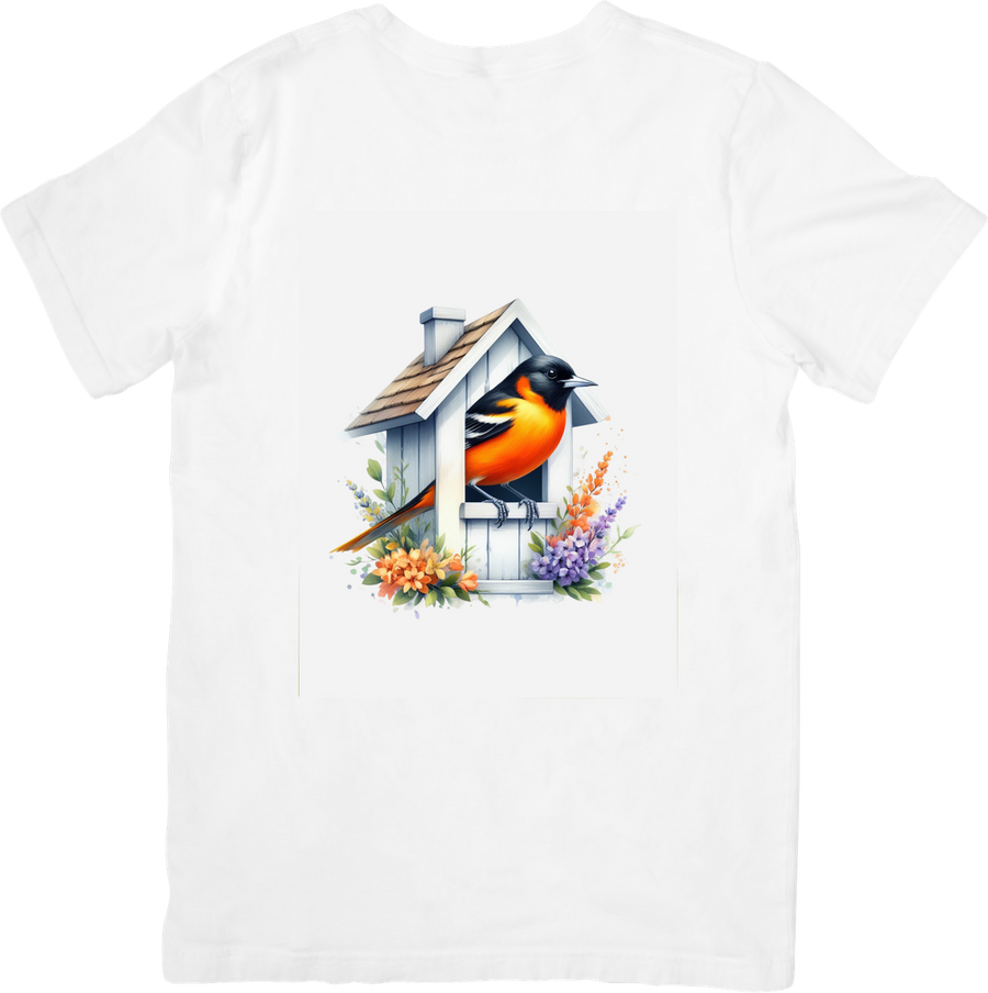 Oriole Birdhouse T-Shirt | Watercolor Garden Bird Graphic Tee | Birdwatcher Nature Gift